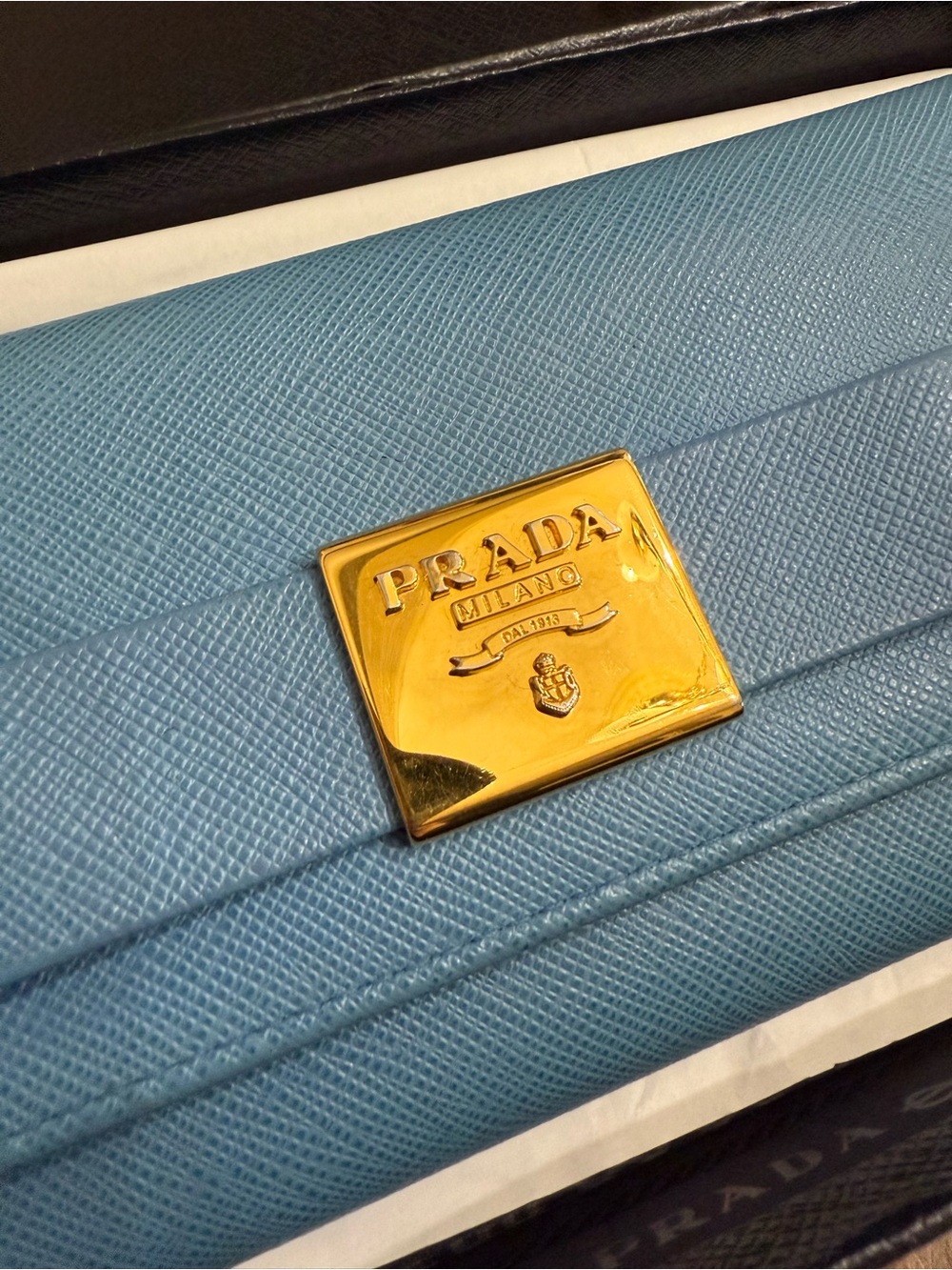 Prada Saffiano Lux Bow Continental Wallet Light Blue Gold Hardware W/ Chain Card - Picture 3 of 16